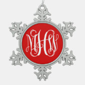 レッドホワイト3イニシャルつる植物モノグラムフォントDIY BG スノーフレークピューターオーナメント (正面)