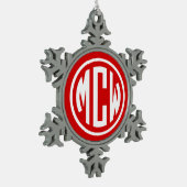 レッドホワイト3イニシャルサークルモノグラムフォントDIY BG スノーフレークピューターオーナメント (左)