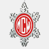 レッドホワイト3イニシャルサークルモノグラムフォントDIY BG スノーフレークピューターオーナメント (右)