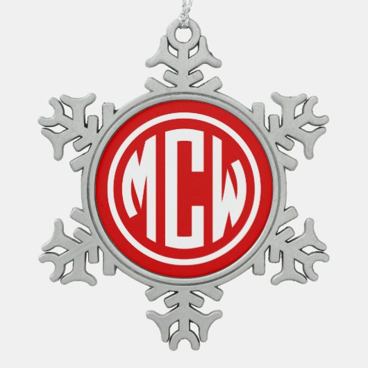 レッドホワイト3イニシャルサークルモノグラムフォントDIY BG スノーフレークピューターオーナメント (正面)