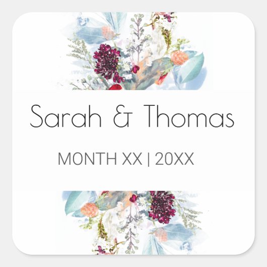 レッドホワイト&オレンジフローラエレガントな結婚式 スクエアシール (正面)