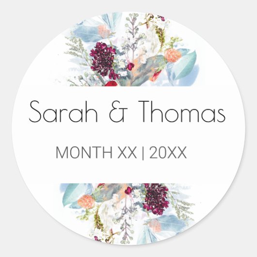 レッドホワイト&オレンジフローラエレガントな結婚式 ラウンドシール (正面)