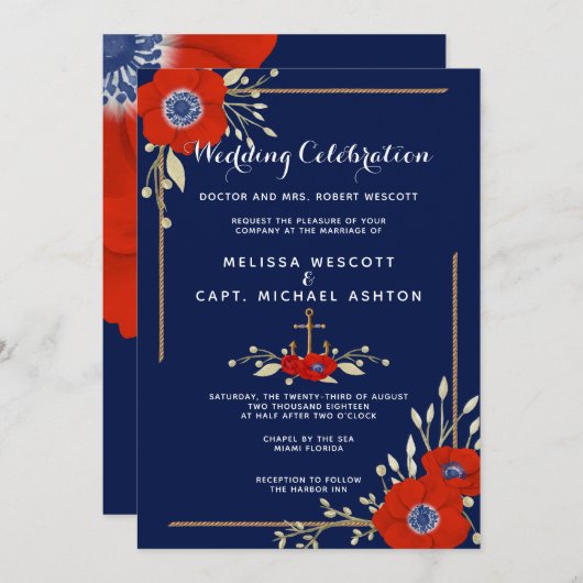 レッドホワイト&ブルーアフォーマルネモネ航海のズ結婚ス 招待状 (正面/裏面)