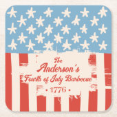 レッドホワイト&ブルースター&ストライプファミリーネームバーベキュー スクエアペーパーコースター (正面)