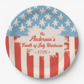 レッドホワイト&ブルースター&ストライプファミリーネームバーベキュー ペーパープレート (正面)