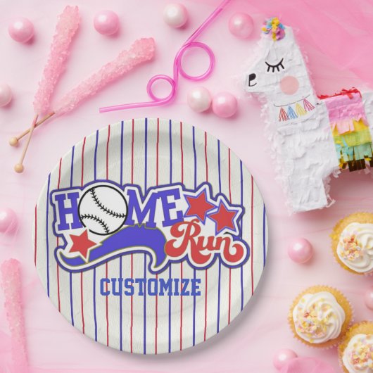 レッドホワイト&ブルーホーム走ベースボールストライプのプレート ペーパープレート (パーティー)