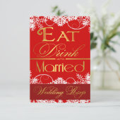 レッドホワイト&金ゴールドスノーフレークウェディングRSVPカード 出欠カード (スタンド正面)