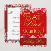 レッドホワイト&金ゴールドスノーフレークウェディングRSVPカード 出欠カード (正面/裏面)