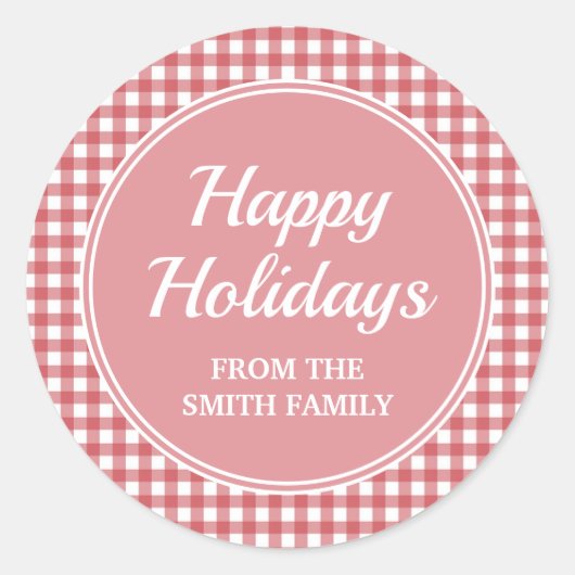レッドホワイ市松模様にトジンガムピンクハッピーホリデー ラウンドシール (正面)