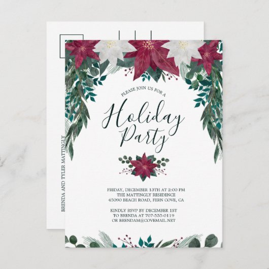 レッドホワ素朴イトポインセティアフリージホリデーパーティ  インビテーションポストカード (正面/裏面)