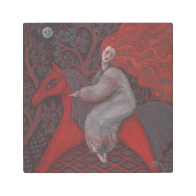 「レッドホース」、レッドヘッドの女性、ファンタジー超現実美術 メタルプリント (正面)