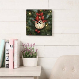 レッドボウがかわいいエレガントなクリスマスオーナメントコレクション スクエア壁時計