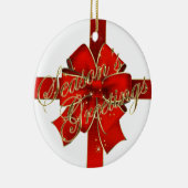 レッドボウきらめくハッピーホリデーズフォト セラミックオーナメント (右)