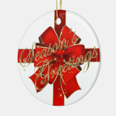 レッドボウきらめくハッピーホリデーズフォト セラミックオーナメント (左)