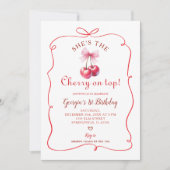 レッドボウさくらんぼオントップガールズファースト誕生日 招待状 (正面)