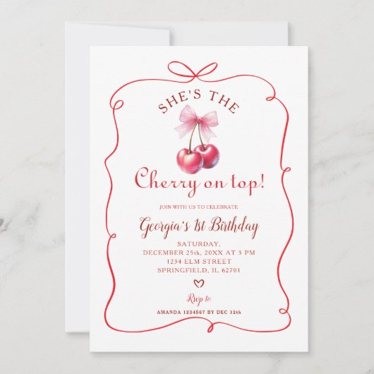 レッドボウさくらんぼオントップガールズファースト誕生日 招待状 (正面)