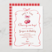 レッドボウさくらんぼオントップガールズファースト誕生日 招待状 (正面/裏面)