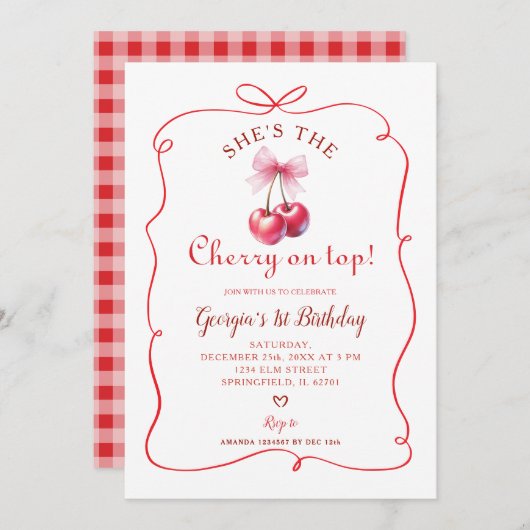 レッドボウさくらんぼオントップガールズファースト誕生日 招待状 (正面/裏面)