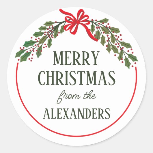 レッドボウとホリーガーランドクリスマス ラウンドシール (正面)