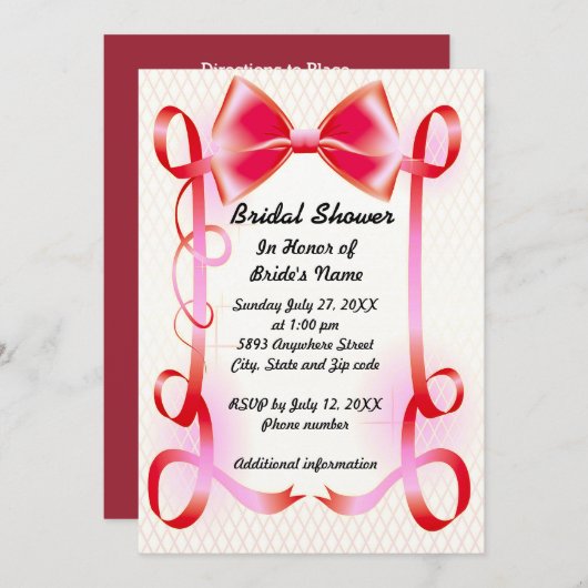 レッドボウとリボン縁どのブライダルシャワー招待状 招待状 (正面/裏面)