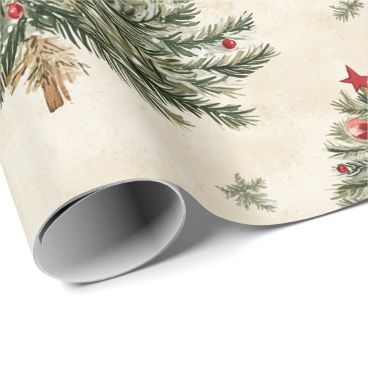 レッドボウのミニマリストとヴィンテージクリスマスツリー ラッピングペーパー (ロールコーナー)