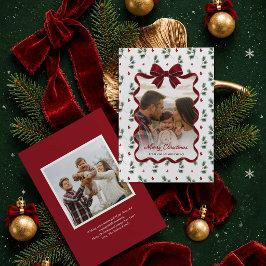 レッドボウの冬のグリーン写真 メリークリスマスカード 招待状