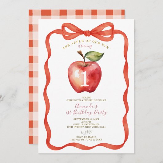 レッドボウアップルの私たちの目の女の子の最初の誕生日パーティー 招待状 (正面/裏面)
