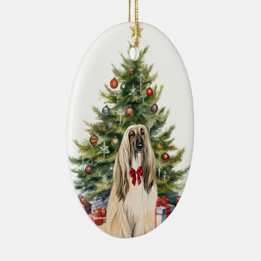 レッドボウアフガンハウンドドッグクリスマス セラミックオーナメント (右)