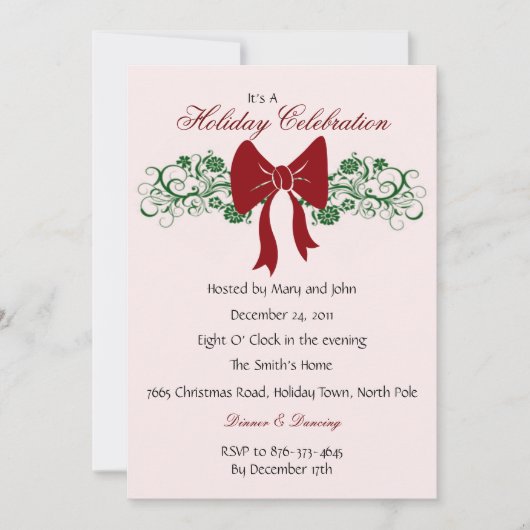 レッドボウアンドグリーンパーティの招待状 招待状 (正面)