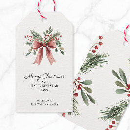 レッドボウウォーター色グリーンホリーベリークリスマス ギフトタグ