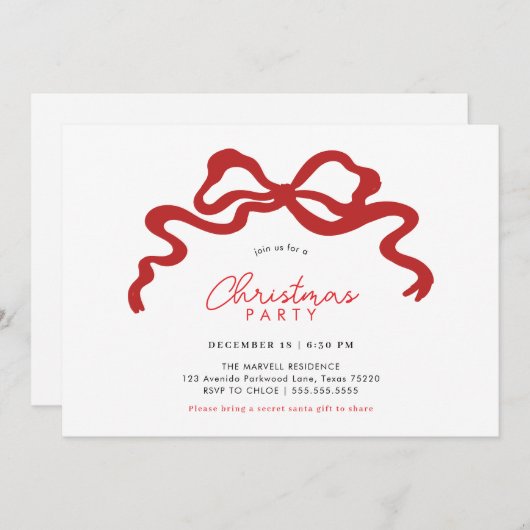 レッドボウエレガントクリスマスパーティの招待状 招待状 (正面/裏面)