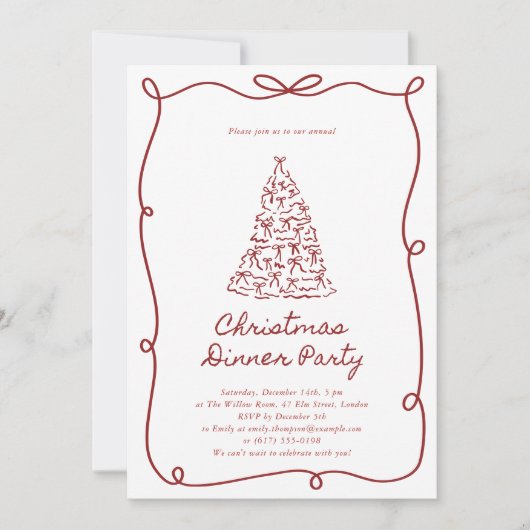 レッドボウクリスマスツリーパーティの招待状 招待状 (正面)