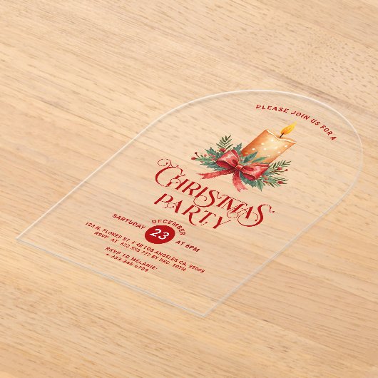 レッドボウクリスマス付きキャンドルライトパーティー招待状 アクリル招待状 (レイダウン)
