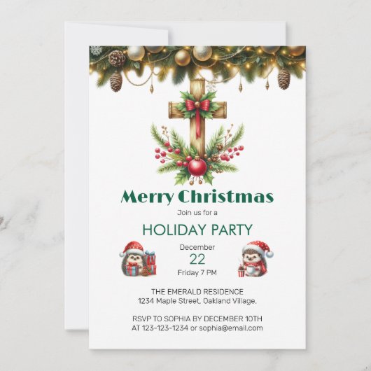 レッドボウクリスマス付き木製十字 招待状 (正面)