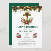 レッドボウクリスマス付き木製十字 招待状 (正面/裏面)