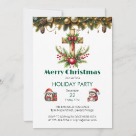 レッドボウクリスマス付き木製十字 招待状