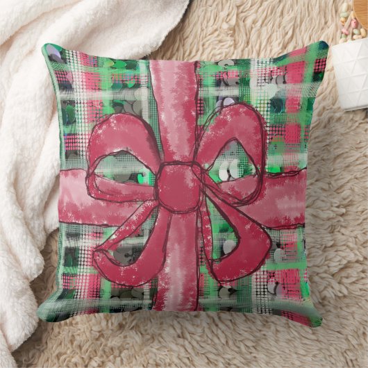 レッドボウグリーン白タータンチェックフェスティバルかわいいグリッター クッション (ブランケット)