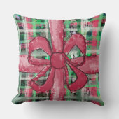 レッドボウグリーン白タータンチェックフェスティバルかわいいグリッター クッション (正面)
