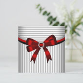 レッドボウグレイ白黒ストライプバースデーパーティー 招待状 (スタンド正面)