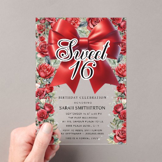 レッドボウコケットフローラヴィンテージスウィート16 アクリル招待状 (インサイチュ (ポータブル))