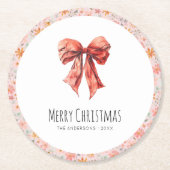 レッドボウコケットモダンフローラクリスマス ラウンドペーパーコースター (正面)