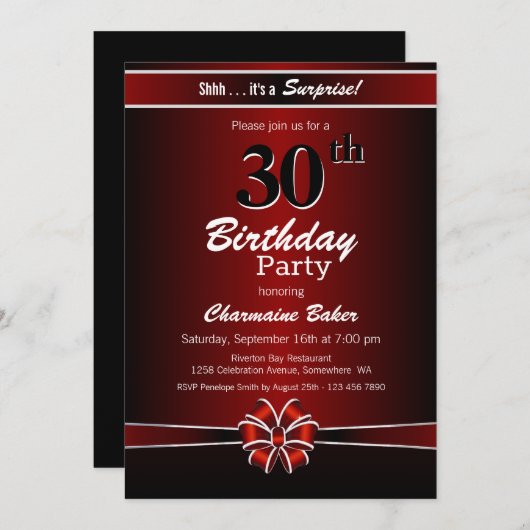 レッドボウサプライズ30th誕生日パーティー 招待状 (正面/裏面)