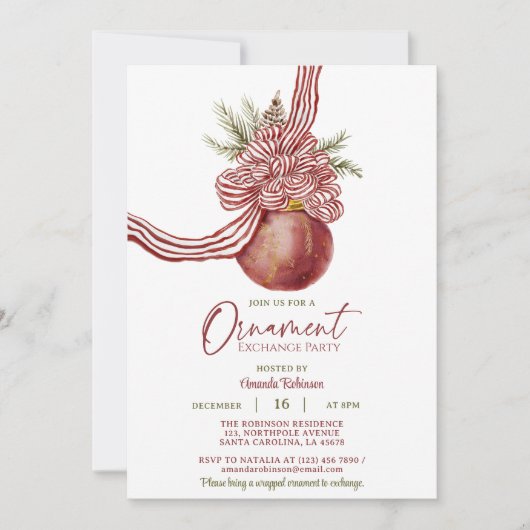 レッドボウストライプのオーナメントクリスマスエクスチェンジパーティー 招待状 (正面)