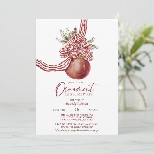 レッドボウストライプのオーナメントクリスマスエクスチェンジパーティー 招待状 (スタンド正面)