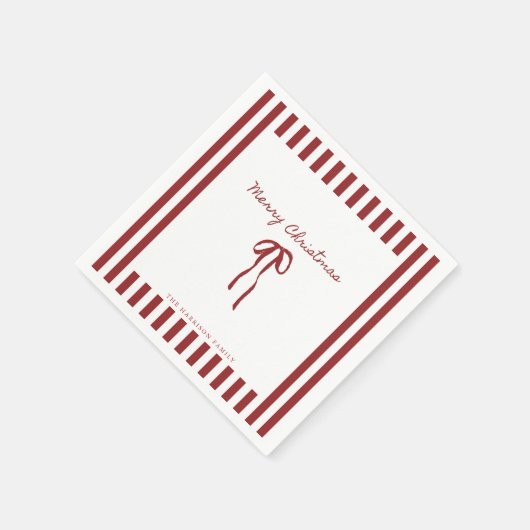 レッドボウストライプのクリスマス スタンダードカクテルナプキン (角)