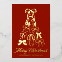 レッドボウツリー クリスマス 写真入り ゴールド箔押し グリーティングカード