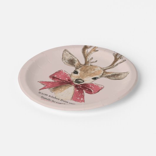 レッドボウニュートラルクリスマスを迎える可愛い鹿 ペーパープレート (アングル)