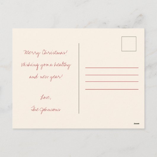 レッドボウニュートラルミニマリストクリスマスポストカード シーズンポストカード (裏面)