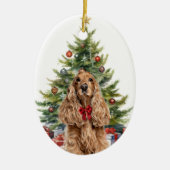 レッドボウバフコッカースパニエル犬ドッグクリスマス セラミックオーナメント (正面)