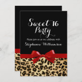 レッドボウヒョウ印刷スウィート16誕生日パーティー 招待状 (正面/裏面)